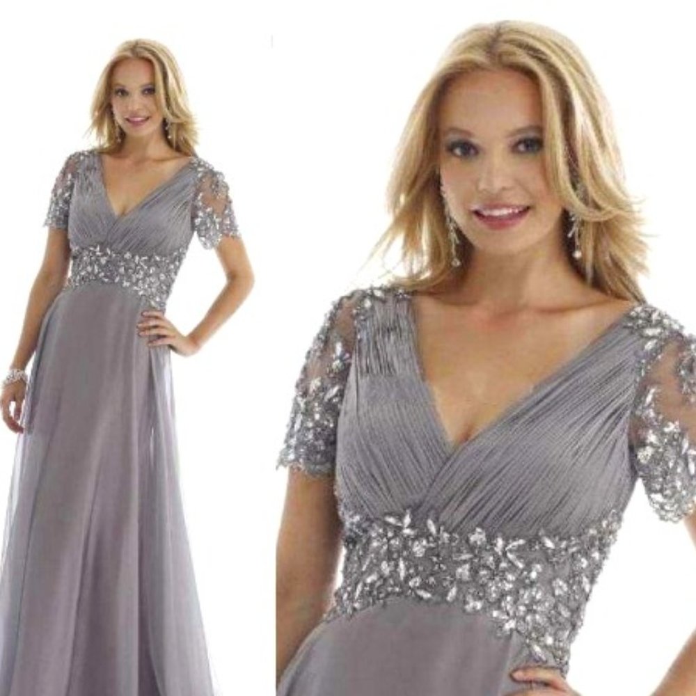 Plus Size Short Sleeve Beaded A-Line Chiffon Formal Wedding Party Dress Evening